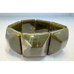Vintage Green Marbled Resin Chunky Faceted Square Stretch Bracelet Bold MCM